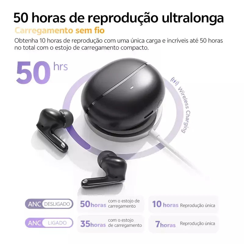 QCY MeloBuds N70 Fones de ouvido sem fio ANC Bluetooth 6.0 com cancelamento de ruído adaptativo LDAC, áudio de alta resolução, 6 microfones ENC, 50 horas de reprodução, carregamento sem fio, detecção intra-auricular