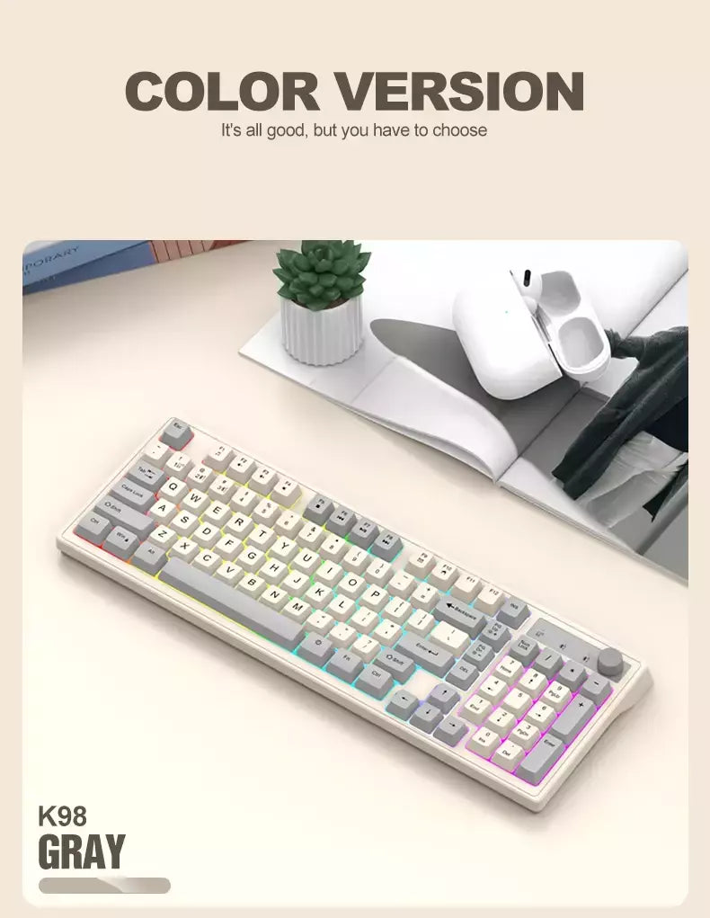 Teclado sem fio multifuncional, Luz do arco-íris, 2.4G, Bluetooth, Conexão de modo duplo, Adequado para computador e laptop, 98 teclas