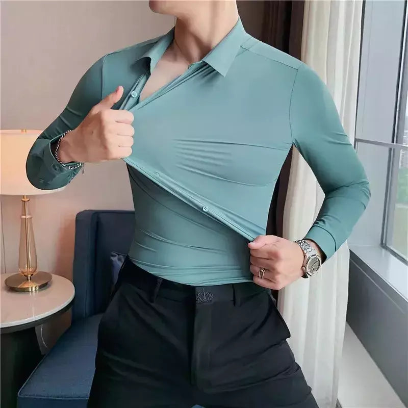Camisas sem costura de alta qualidade masculina, manga longa, fina, casual, luxo