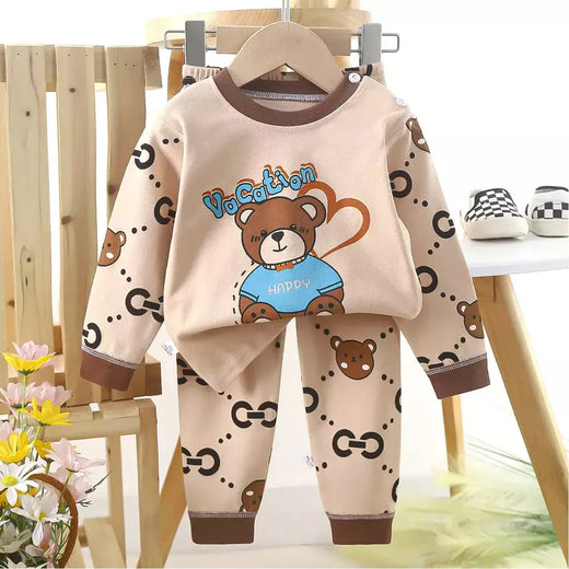 Conjuntos de pijamas de algodão infantil camiseta manga comprida, tops e calças, pijamas casuais, urso fofo dos desenhos animados, roupas de bebê, outono