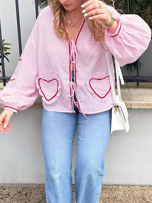 Camisas femininas com gola V, bordado de coração, xadrez, nó frontal, blusa de gravata, primavera, verão, tops casuais, moda, Y2K