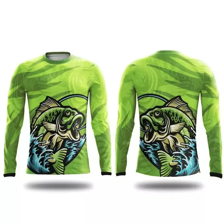 Camiseta de pesca de manga comprida masculina, 3D Fish Pattern, Casual e elegante, gola redonda, camisa extragrande, ao ar livre, novo