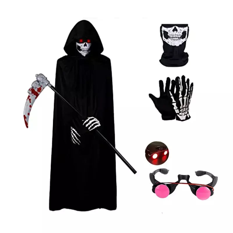 Fantasia assustadora de Halloween Grim Reaper para meninos fantasia infantil com olhos vermelhos brilhantes com luvas máscara