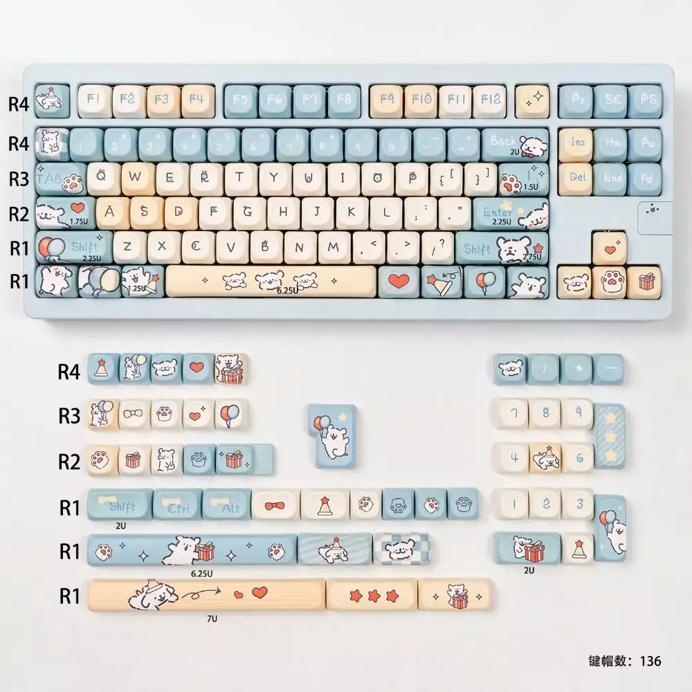 Conjunto de teclas de cachorrinho com linha de 136 teclas PBT tipo fofo MOA Keycap compatível com interruptor MX Wooting teclado mecânico