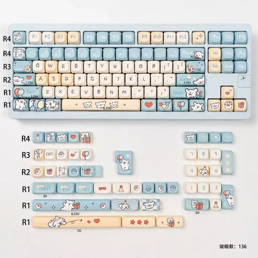 Conjunto de teclas de cachorrinho com linha de 136 teclas PBT tipo fofo MOA Keycap compatível com interruptor MX Wooting teclado mecânico