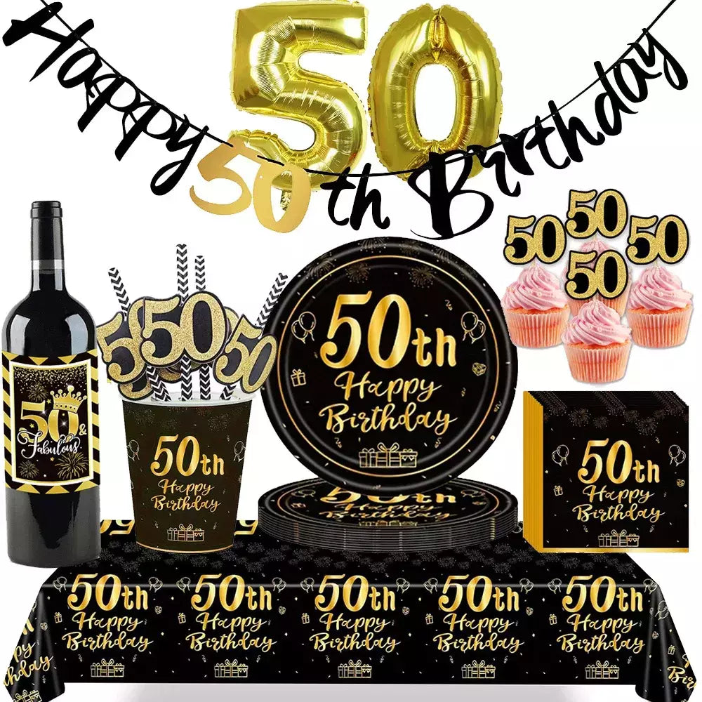 Artigos para Festa de Aniversário para Homens e Mulheres, Preto e Dourado, 50 Anos, Pratos De Papel, Copos, Guardanapo, Toalha De Mesa, Louça Decoração