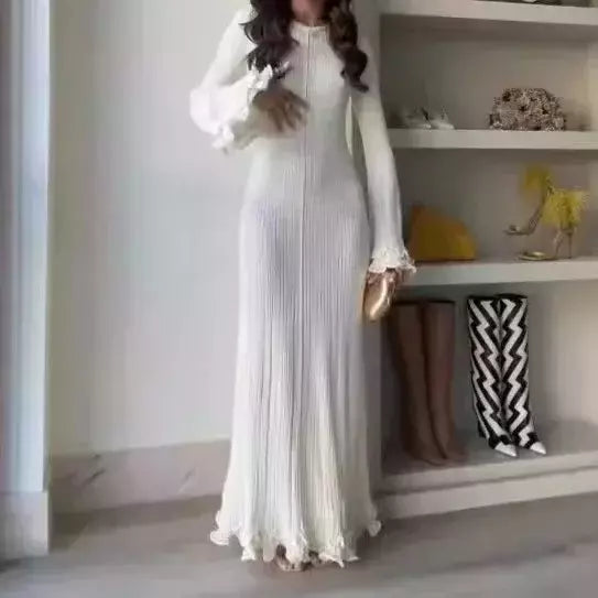 Elegante vestido de malha de manga comprida feminino, gola redonda, vestes finas brancas, vestidos de festa femininos, moda feminina, verão, outono, novo, 2022