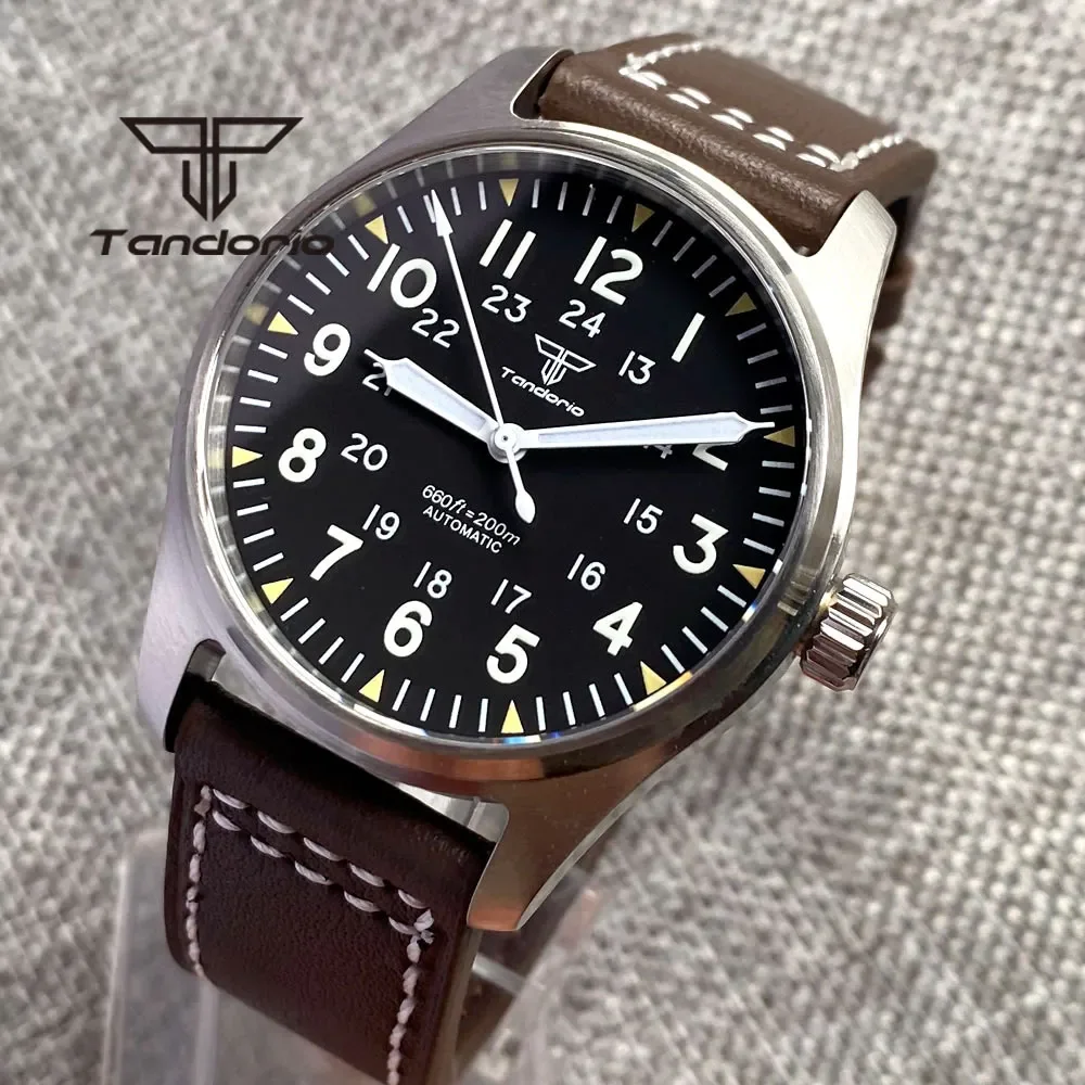 Relógios piloto de mergulho automático Tandorio para homens, vidro safira, mostrador luminoso verde, pulseira de couro, coroa de parafuso, NH35A, 20Bar, 39mm