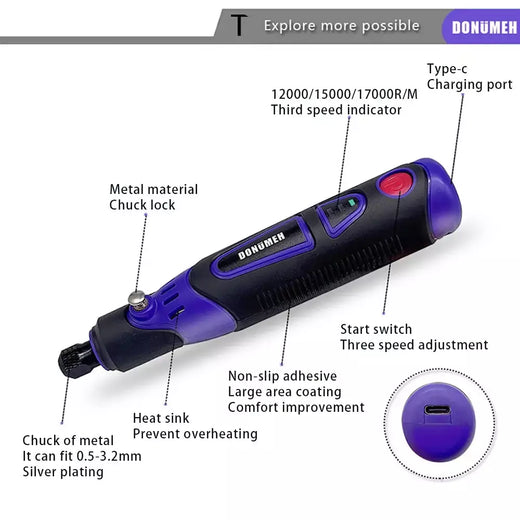 Mini furadeira elétrica multifuncional, moedor de 3 velocidades, ferramenta elétrica usb com caneta de gravação e conjunto de acessórios, ferramenta rotativa diy para casa