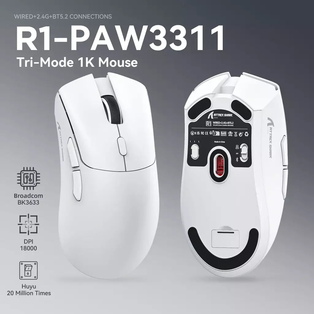 Mouse Bluetooth Attack Shark R1 1000 Hz, 18000 dpi, PAW3311, conexão tripla, mouse macro para jogos