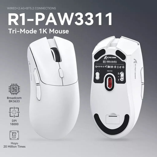 Mouse Bluetooth Attack Shark R1 1000 Hz, 18000 dpi, PAW3311, conexão tripla, mouse macro para jogos