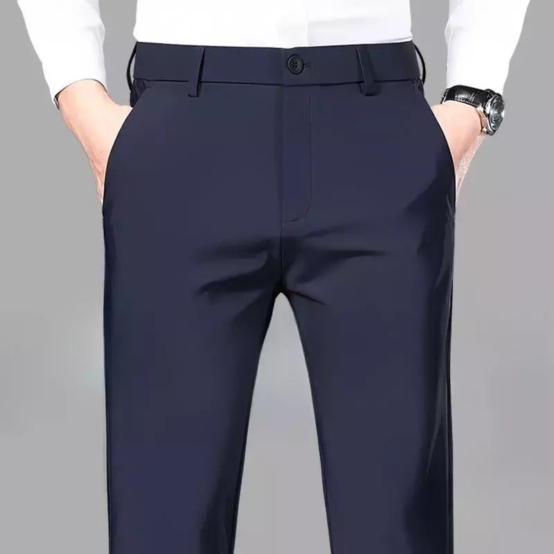 Calças de roupa elástica de resfriamento masculina, calças estrias de escritório, seda gelada, calça masculina de verão, calças de alfaiataria elegante, clássica, 2024