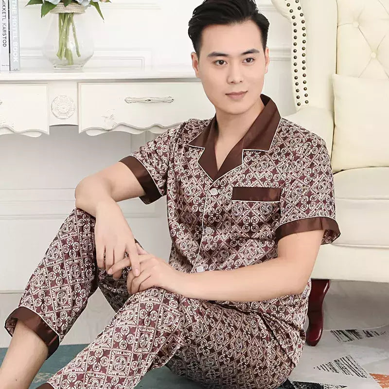 Conjuntos de pijama masculino de cetim de seda manga comprida, pijamas masculinos, camisola estampada, Casa, Soft Cozy Sleepwear Calças, Novo