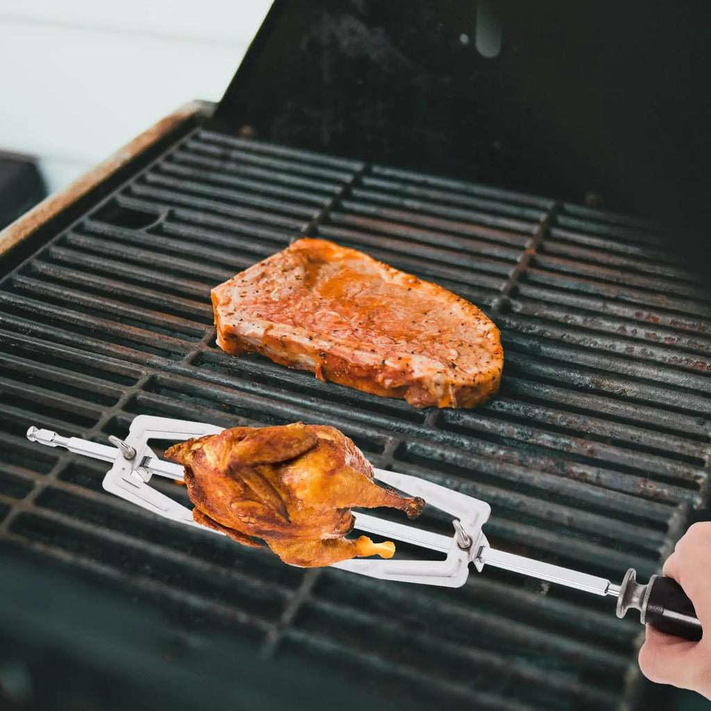 Garfo giratório de aço inoxidável para churrasco, garfos duplos para rotisserie de peru, parafusos de alça resistentes ao calor, grelha segura