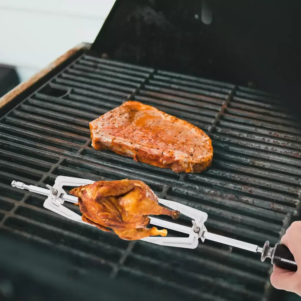 Garfo giratório de aço inoxidável para churrasco, garfos duplos para rotisserie de peru, parafusos de alça resistentes ao calor, grelha segura