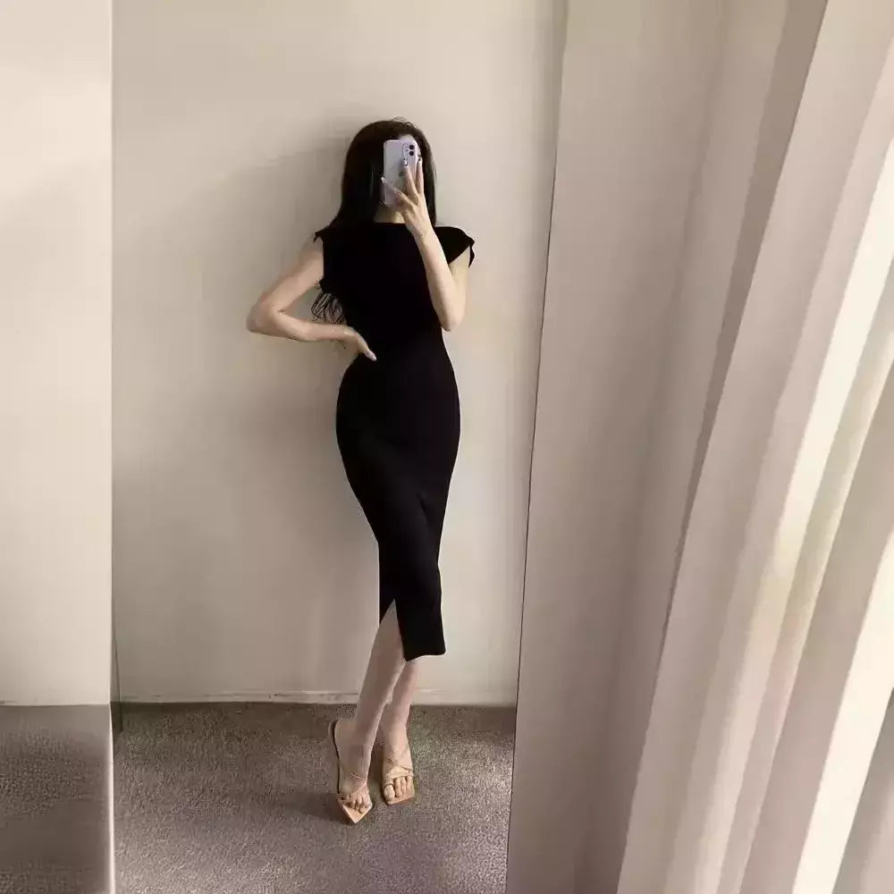 Verão novo sexy atrevido puro desejo estético fora do ombro vestido longo para as mulheres na moda fenda lateral hip cobrindo vestido