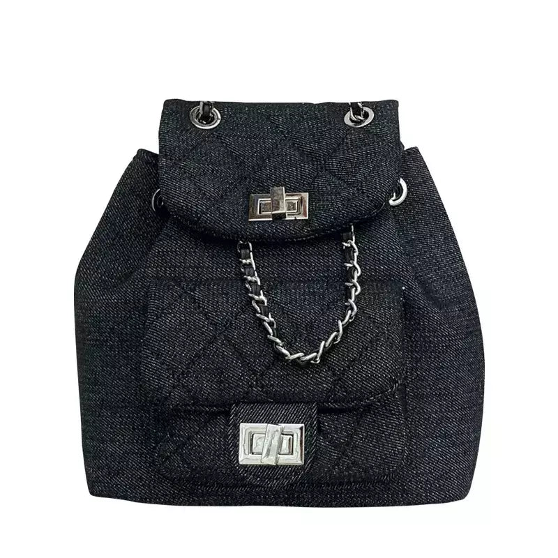 Mochila denim de rede diamante fivela de grande capacidade, bolsa de mão