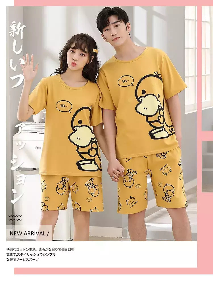 Desenhos animados pato impressão pijama conjuntos para jovens amantes, pijamas de algodão, ternos curtos para casais, moda homewear, verão, 4XL