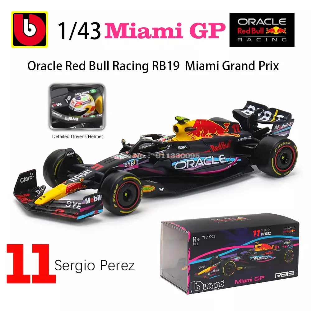 Bburago 1:43 2024 RB20 F1 Red Bull Racing TAG Heuer 2023 RB19 Miami # 1 Verstappen # 11 Brinquedo modelo fundido para carro em liga Perez