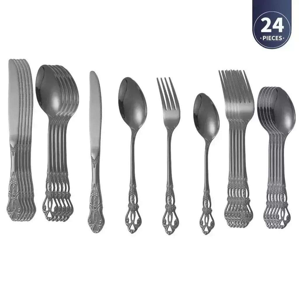 Conjunto de talheres de aço inoxidável dourado, colher europeia real, garfo, talheres completos, design retrô, seguro para máquina de lavar louça, talheres elegantes