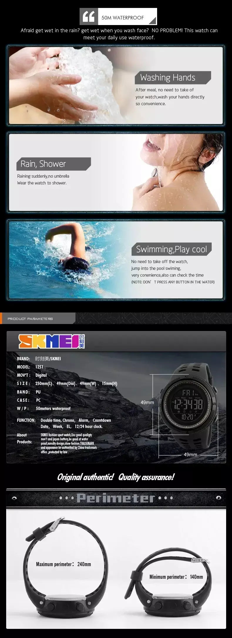 Skmei 1251 relógio digital à prova d'água para homens, relógio de pulso eletrônico esportivo com contagem regressiva, relógio militar led 1560 reloj hombre