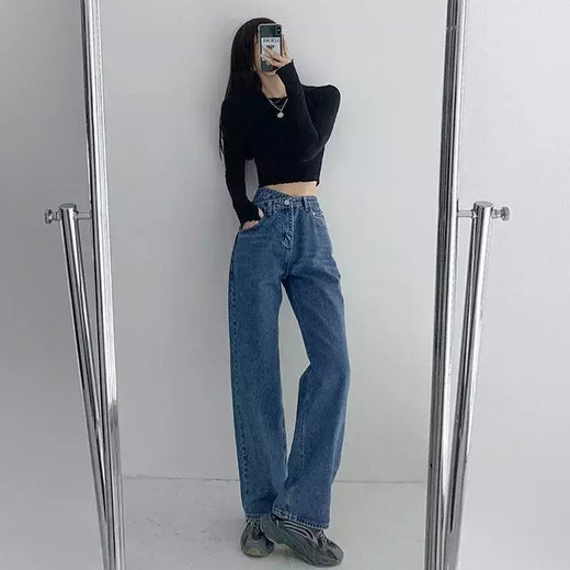 Jeans vintage drapejado de cintura alta feminino, calças de perna reta, jeans drapejado solto