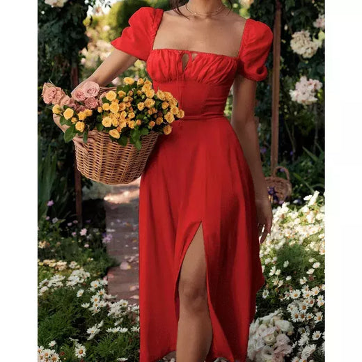 Vestido de renda feminino simples dividido, elegante manga folhada, vestido A, roupas femininas, pendulares, temperamento, nova moda