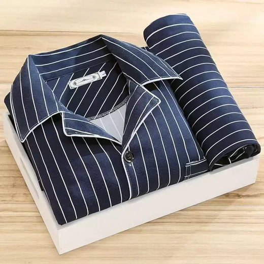 Conjunto de pijama de seda leite confortável masculino, loungewear elegante, estampa xadrez listrada, lapela combinando cores, pijama longo de peito único, outono e inverno