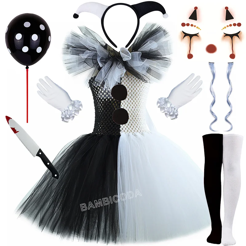 O traje de palhaço terrível arte menina preto branco fantasia tutu vestido horror coringa vestido para meninas trajes de festa de carnaval de halloween