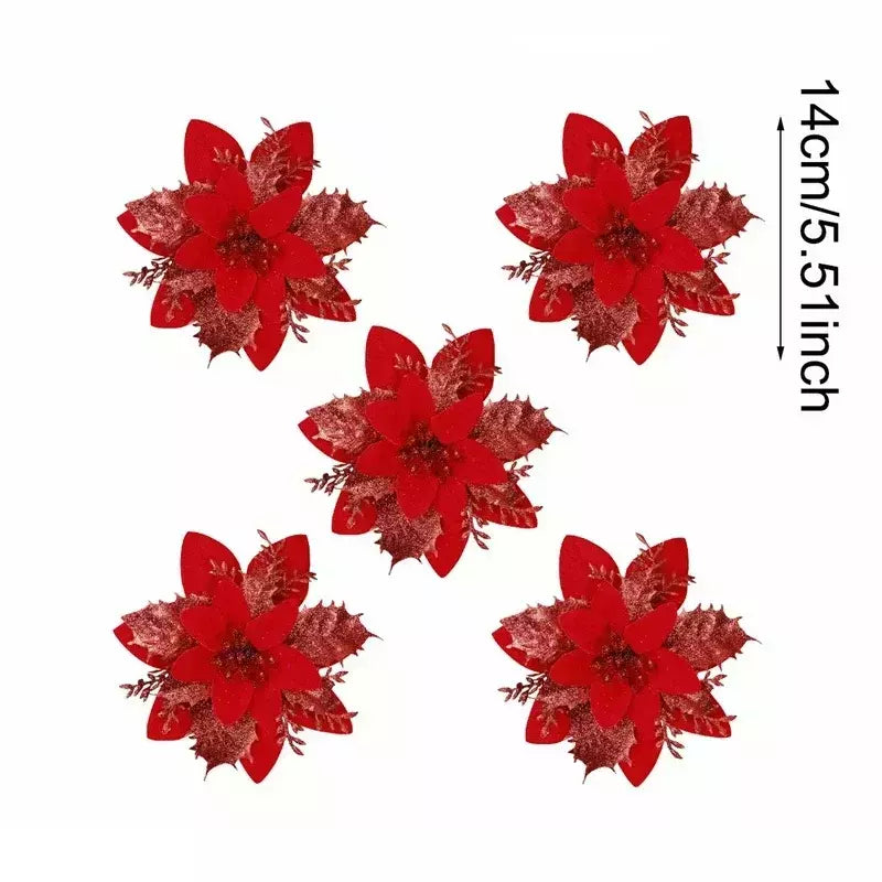 Flores artificiais de glitter para árvore de natal, ornamentos pendurados, flor falsa, lar, Natal, ano novo, presente, 2022, 2024