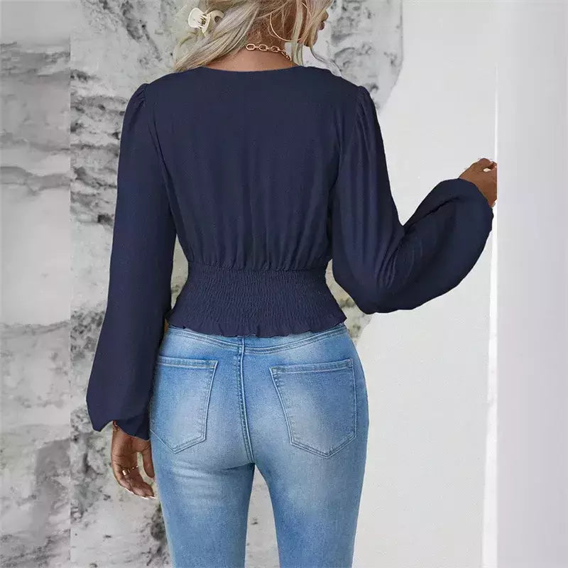 Pulôver feminino com decote V profundo, blusa feminina de manga comprida, tops casuais diários, cintura solta e magro, crossover, primavera, outono