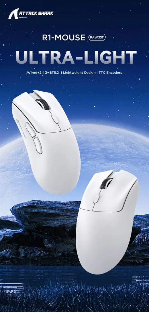 Mouse Bluetooth Attack Shark R1 1000 Hz, 18000 dpi, PAW3311, conexão tripla, mouse macro para jogos