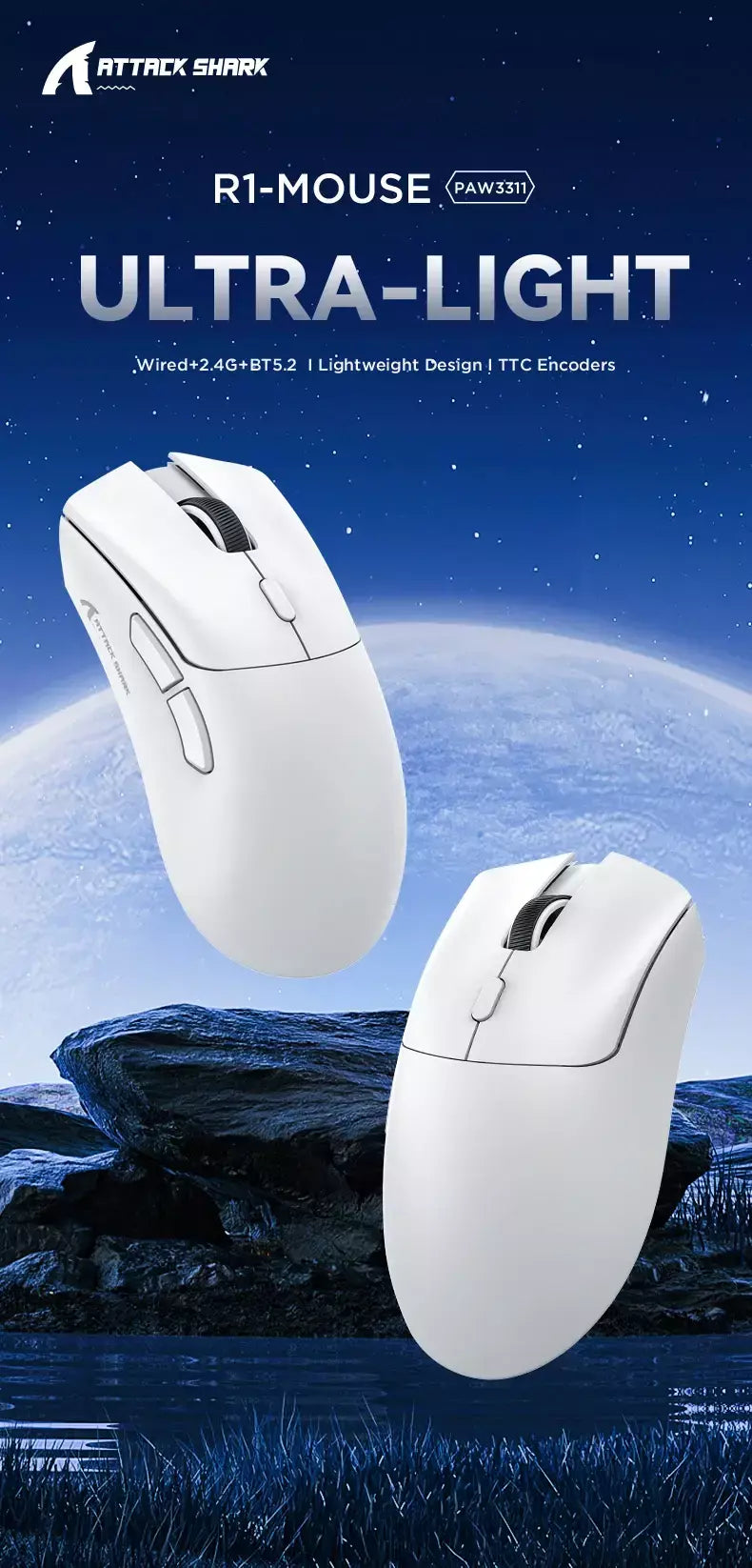 Mouse Bluetooth Attack Shark R1 1000 Hz, 18000 dpi, PAW3311, conexão tripla, mouse macro para jogos