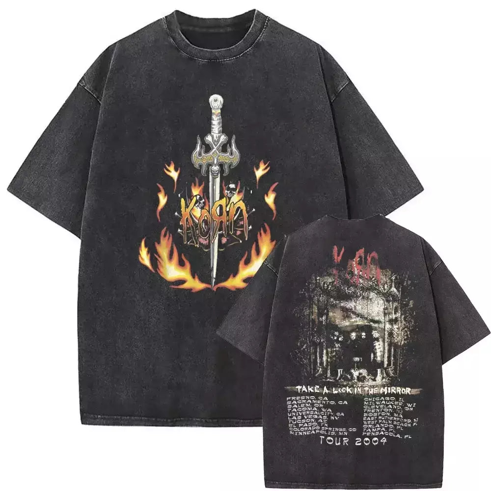 Camisetas com estampa de esqueleto masculinas, banda de rock vintage lavada, Korn caindo longe de mim, camiseta gótica, camiseta masculina extragrande, moda