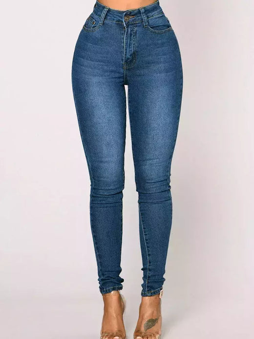 Calça jeans skinny com elástico de cintura alta feminina, calça comprida lápis, envoltório reto de perna, calça casual quadris, vintage, estreita, senhora