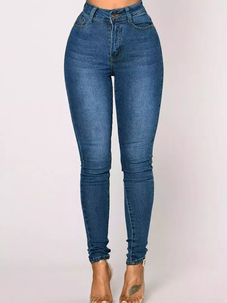 Calça jeans skinny com elástico de cintura alta feminina, calça comprida lápis, envoltório reto de perna, calça casual quadris, vintage, estreita, senhora