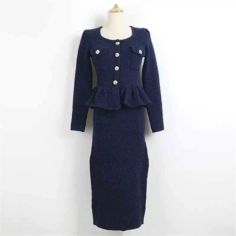 Vestido feminino 2025 primavera novo elástico de malha vestidos longos ombro almofada fino ajuste vestido de manga comprida falso vestidos de festa de duas peças