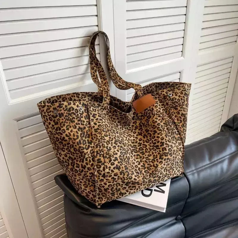 Oversized leopardo imprime sacos de ombro para mulheres lona deformável grande capacidade totes compras 2024 inverno novas bolsas luxo