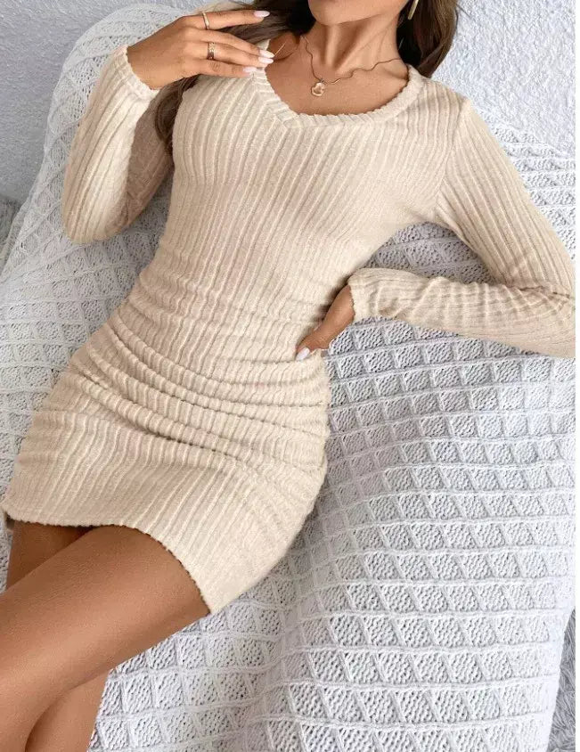 Outono inverno feminino manga longa com decote em v velo escovado envoltório cintura bodycon vestido de malha tecido cor pura ajuste apertado saia curta