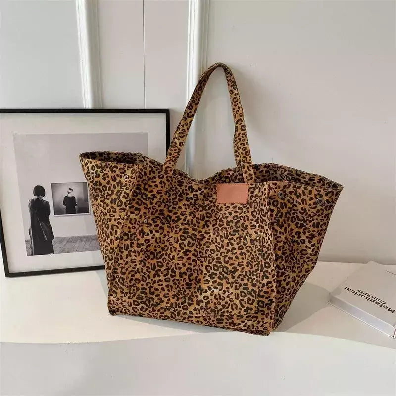 Oversized leopardo imprime sacos de ombro para mulheres lona deformável grande capacidade totes compras 2024 inverno novas bolsas luxo