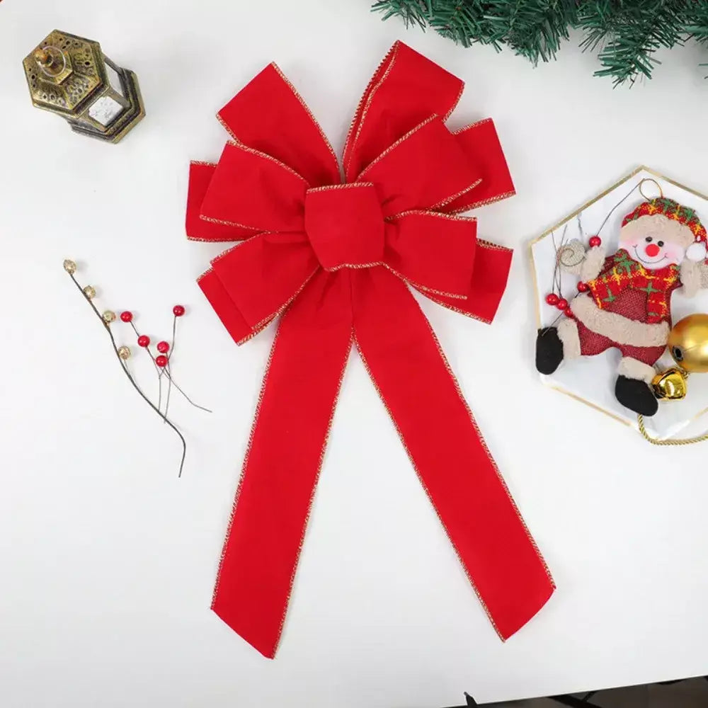 Laços de natal vermelhos decorações ao ar livre grande árvore de natal arco superior grinalda de veludo com glitter borda dourada decoração da porta da frente