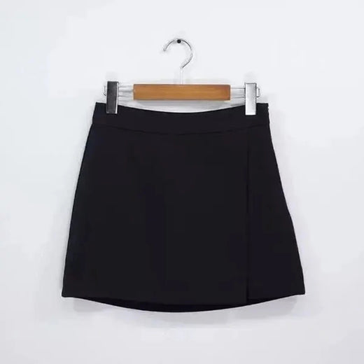 Mini saias pretas femininas, fenda lateral irregular, cintura alta, shorts linha A, saias femininas de verão, envoltório chique do quadril, moda coreana