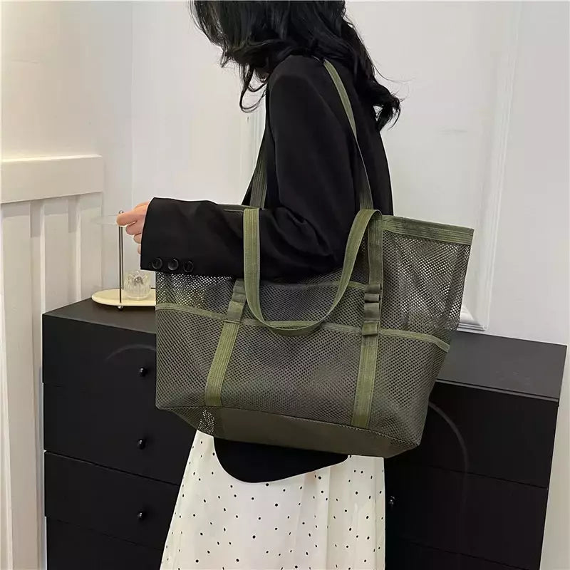 Bolsa de praia de malha portátil para mulheres, maquiagem, bolsa de lavagem, organizador de banho, Shopper Totes, verão