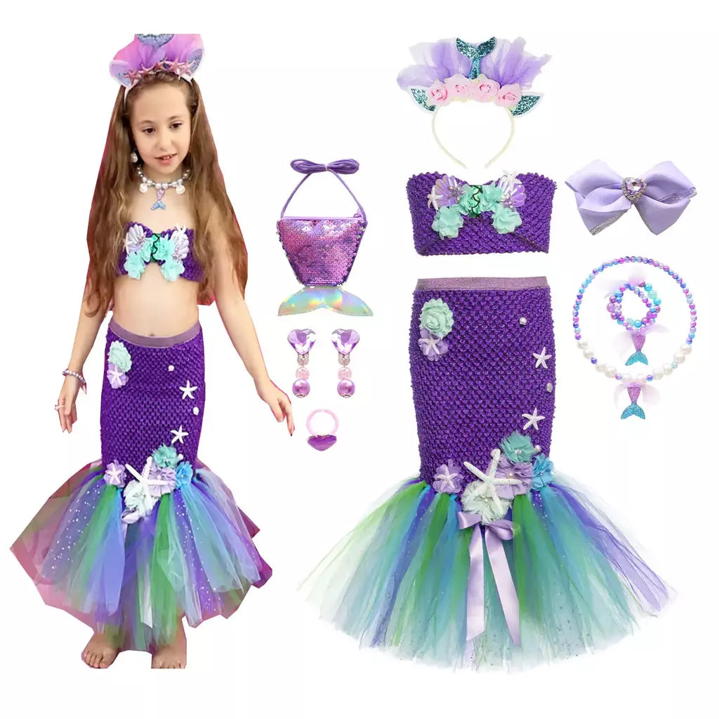 Meninas escala roxa princesa sereia ariel cosplay vestido de halloween vestido de festa de aniversário meninas verão praia vestido de férias
