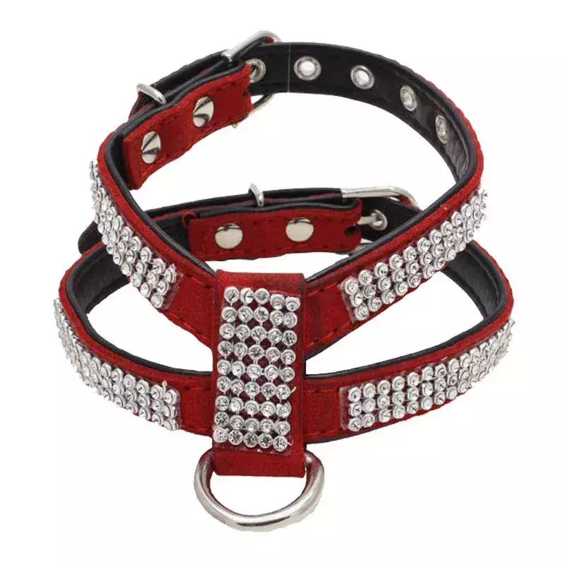 Coleira para cães, cinta peitoral ajustável, produtos para animais de estimação, coleira para cães, liberação rápida, brilhante, em forma de k, strass, couro pu