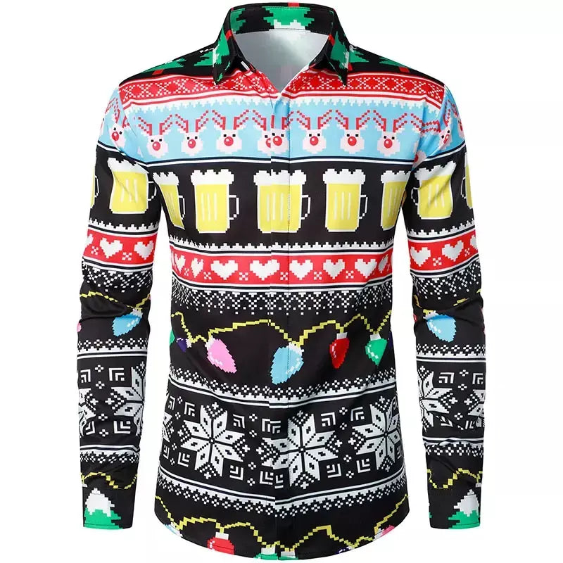 Engraçado feliz natal lapela camisas masculinas papai noel cosplay gráficos camisas de manga comprida, roupas masculinas ternos falsos camisas