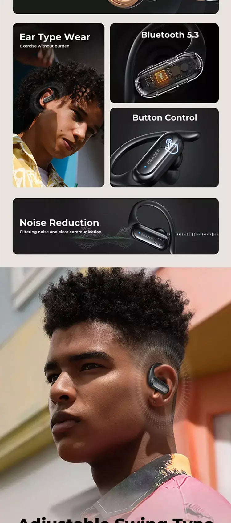 Erazer xt60pro esportes sem fio fones de ouvido bluetooth alta fidelidade redução ruído fone com microfone gancho