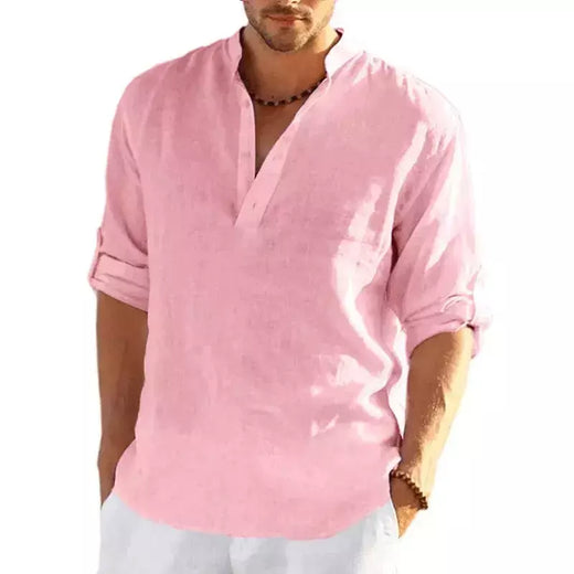 Camiseta de linho manga comprida masculina, monocromática, solta, casual, respirável, camisas de algodão, streetwear leve, designer, nova