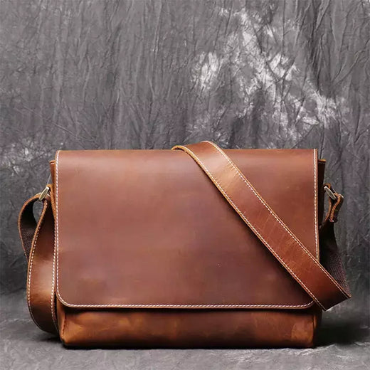 Retro masculino de couro genuíno de um ombro saco de cabeça camada de couro cruz estilo grande capacidade ocasional saco do mensageiro