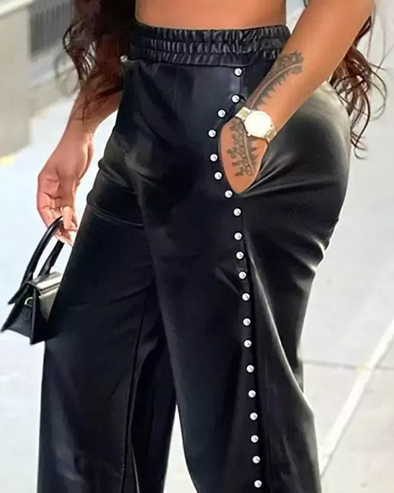 GLCMYAYA-calças femininas retas de perna larga de couro sintético, moda feminina de rua, PU com divisão lateral pérola, elegante e elegante, outono